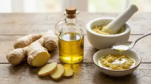 Preparato a base di zenzero grattugiato e olio d'oliva in una ciotola su tavolo di legno